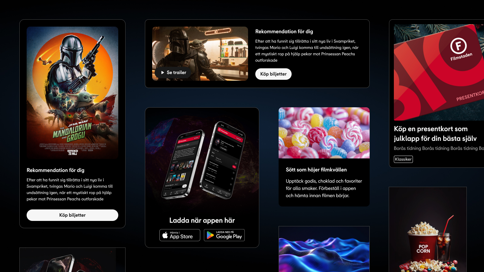 Filmstaden campaign module showing candy and snack promotion content