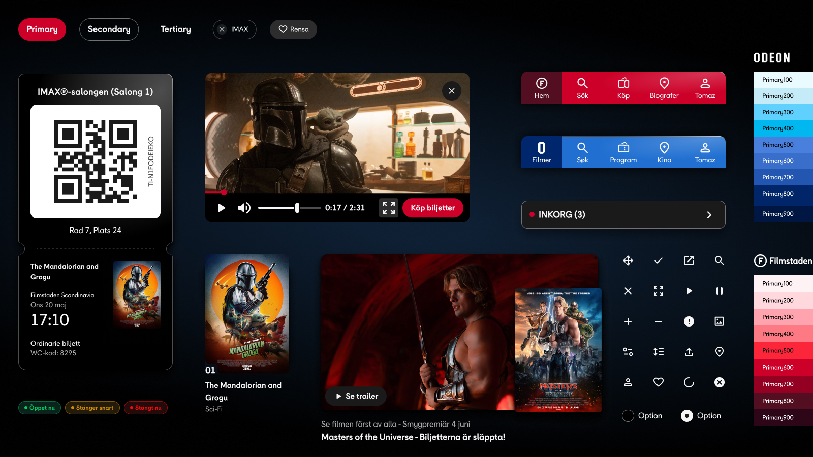 Filmstaden design system component composition showing navigation, cards, buttons, icons, color tokens and media components