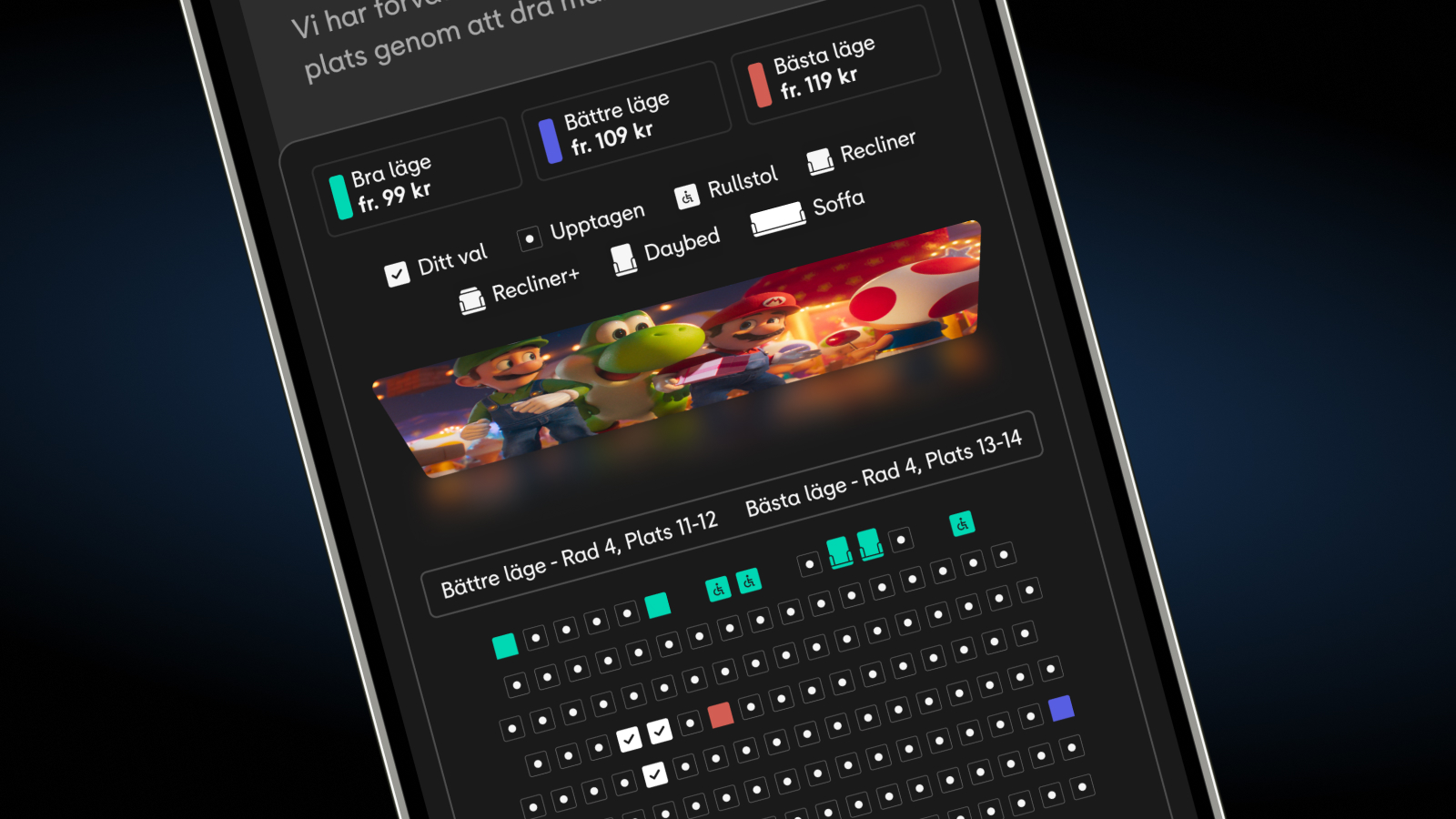 Filmstaden seat selection interface showing state-based availability patterns